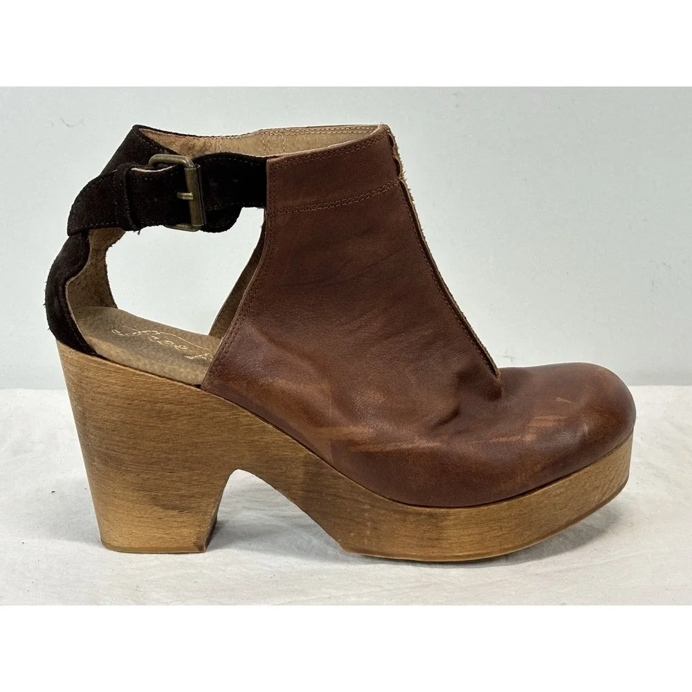 Free People Amber Orchard Clog brown leather wooden heel buckle 40 9.5 Boho